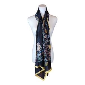 100% Silk Black Floral Scarf 35"x72" Elegant Wrap Shawl Yellow Trim Lightweight